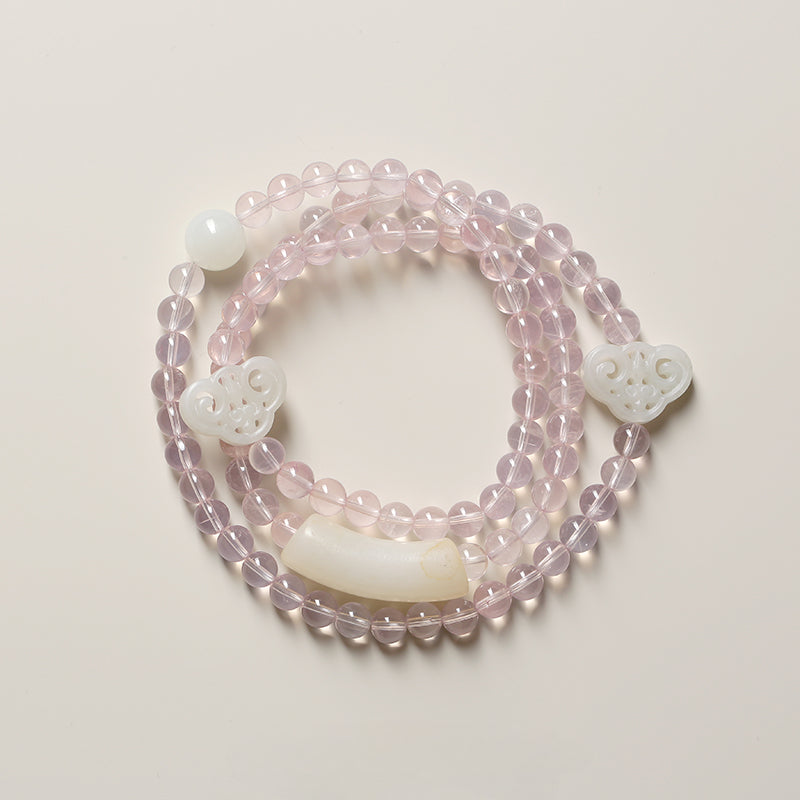 Classical Beauty Natural Pink Rose Quartz & White Hetian Jade Bracelet/Necklace
